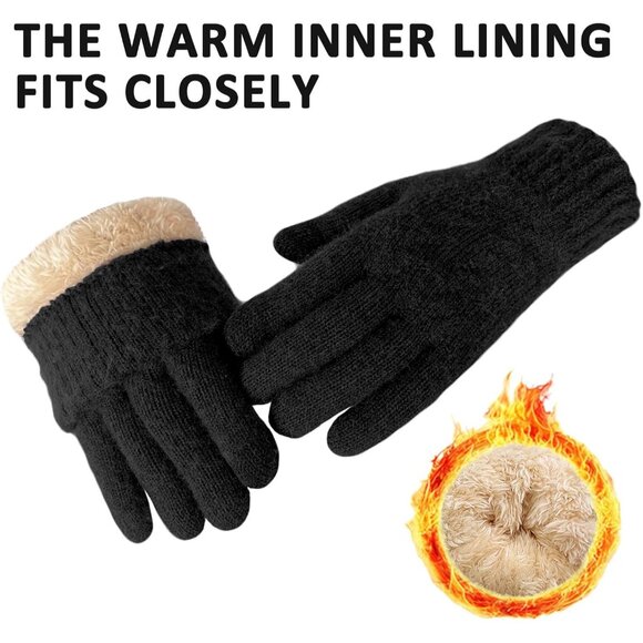 Men's Black Winter Warm Fleece Lined Anti Slip Knit Touch Screen Gloves - Picture 3 of 6